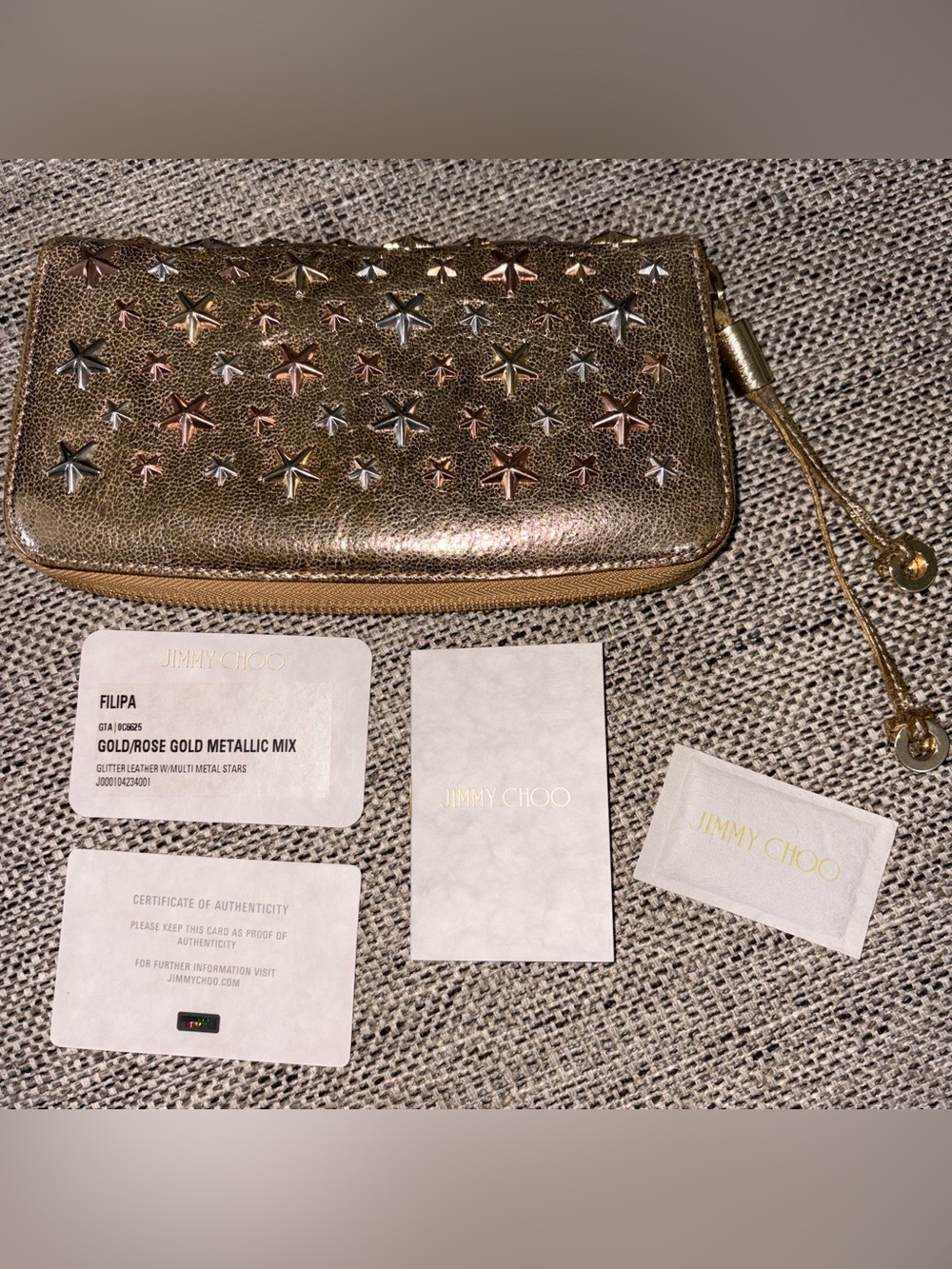 COA JIMMY CHOO FILIPA METALLIC GOLD ROSE GOLD STARS MIX LONG ZIP AROUND WALLET